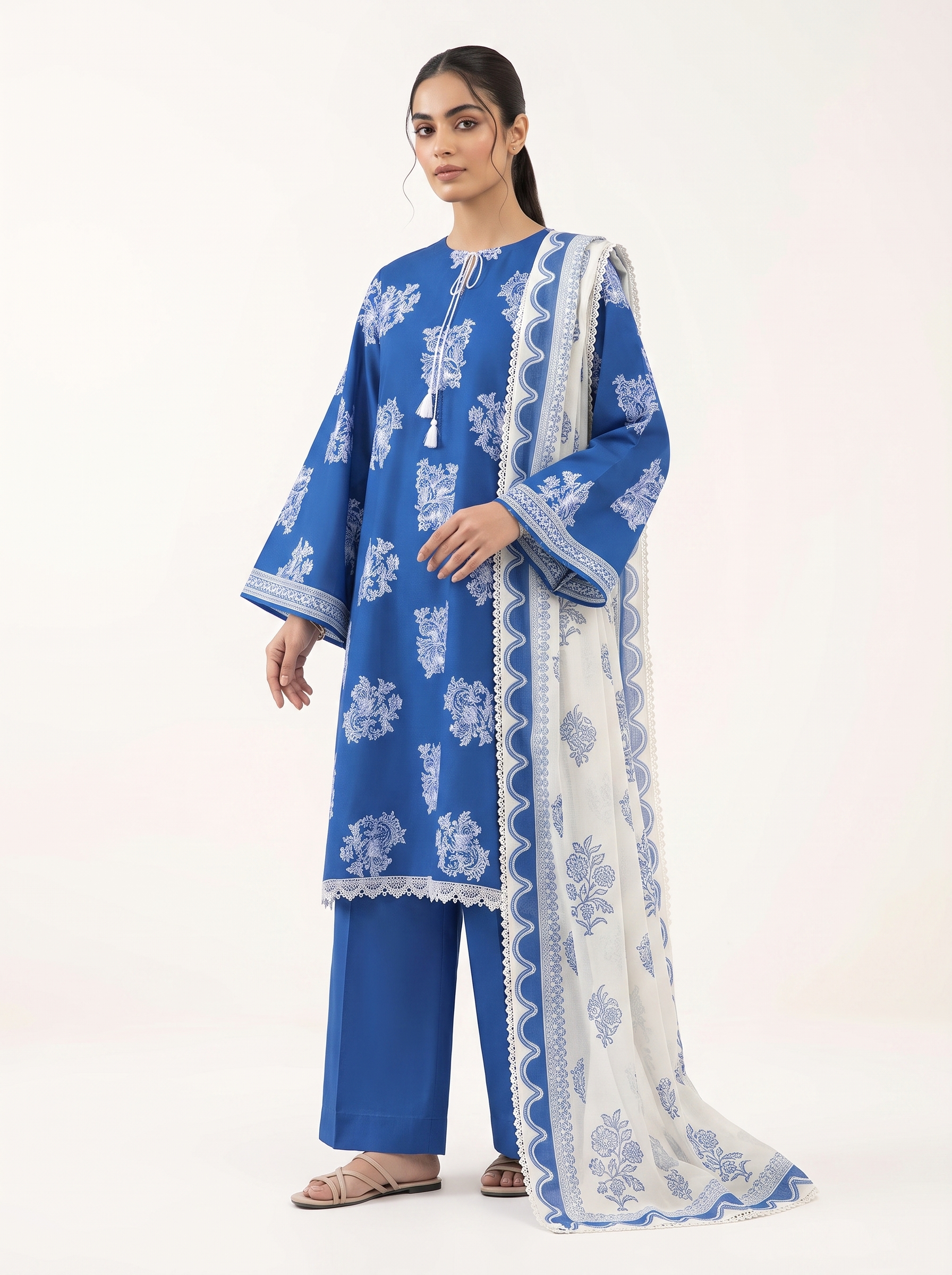 Sapphire blue lawn kurta with white voile dupatta printed border Pakistan