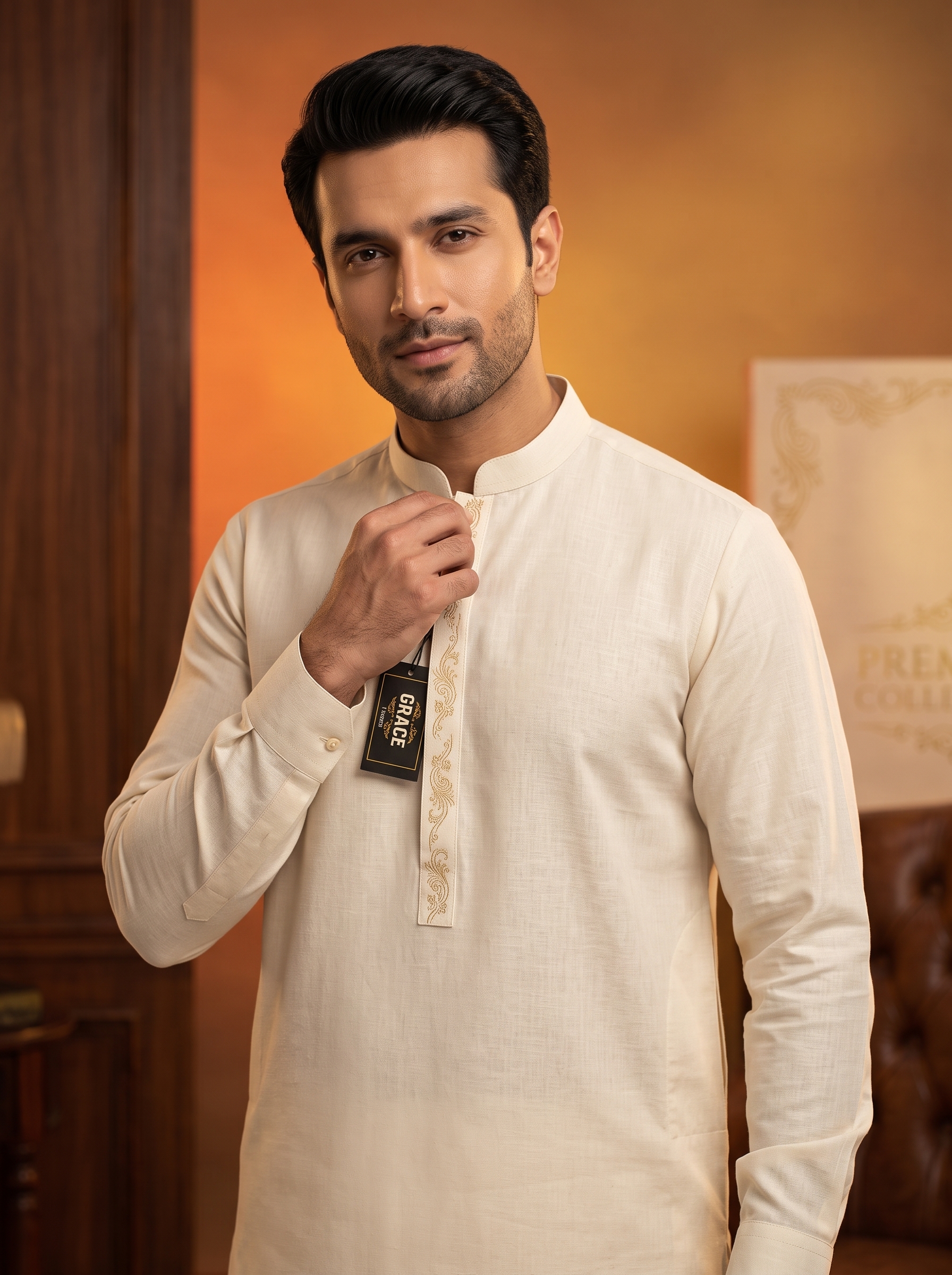 Premium Unstitched Fabric for Men - Grace Fabrics Cream