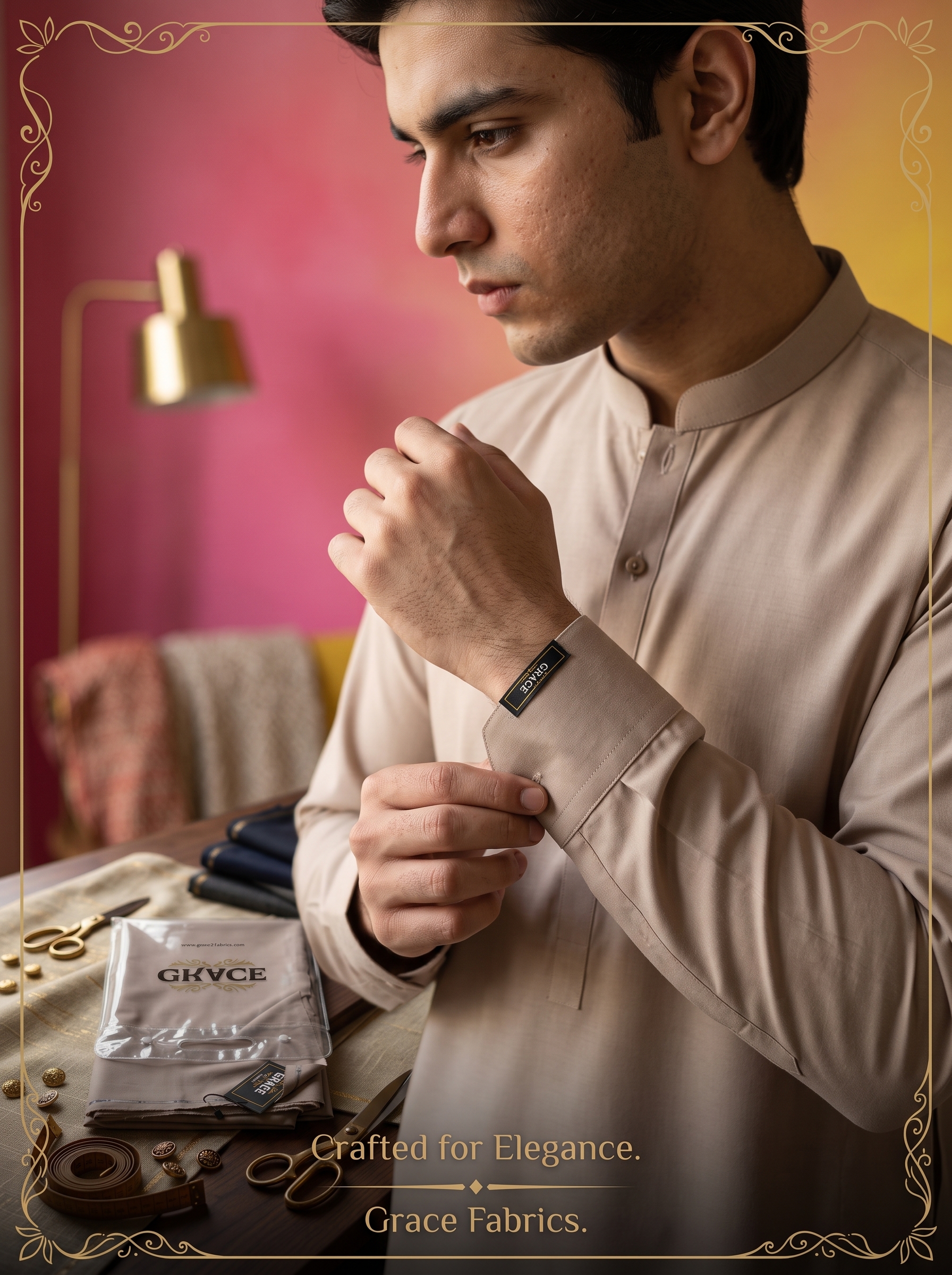Premium Unstitched Fabric for Men - Grace Fabrics Beige