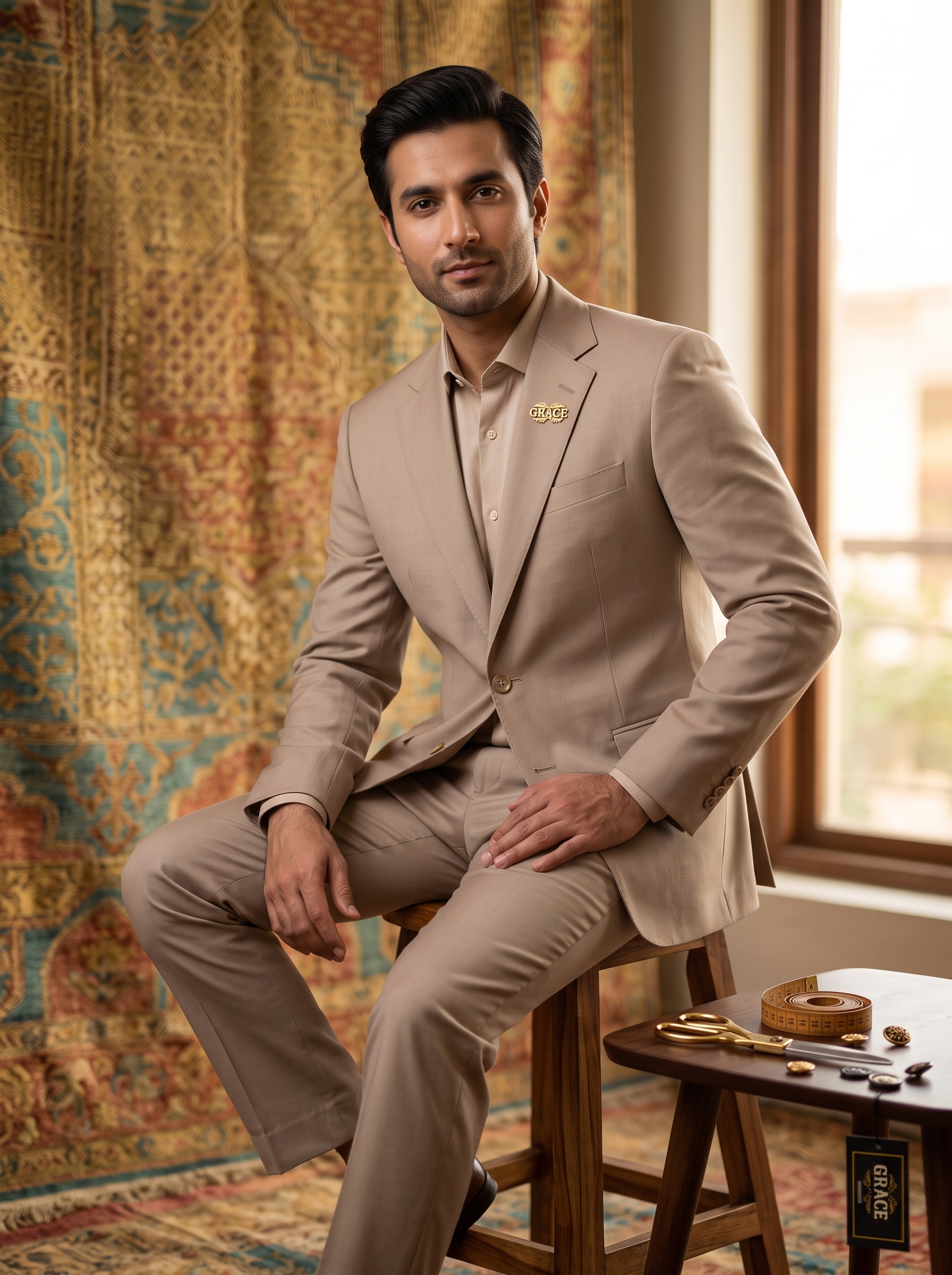 Premium Unstitched Fabric for Men - Grace Fabrics Beige