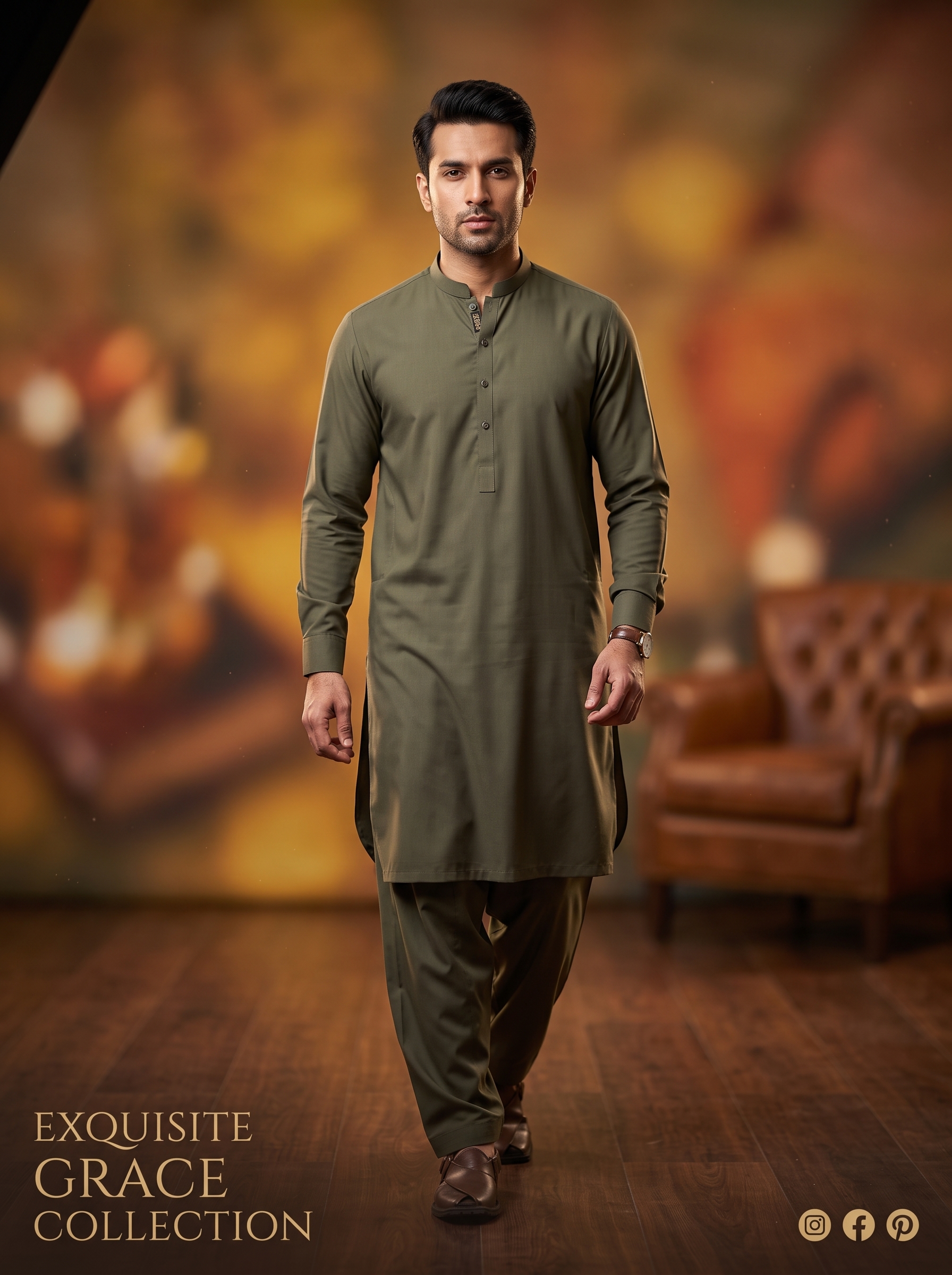 Premium Unstitched Fabric for Men - Grace Fabrics Olive Green