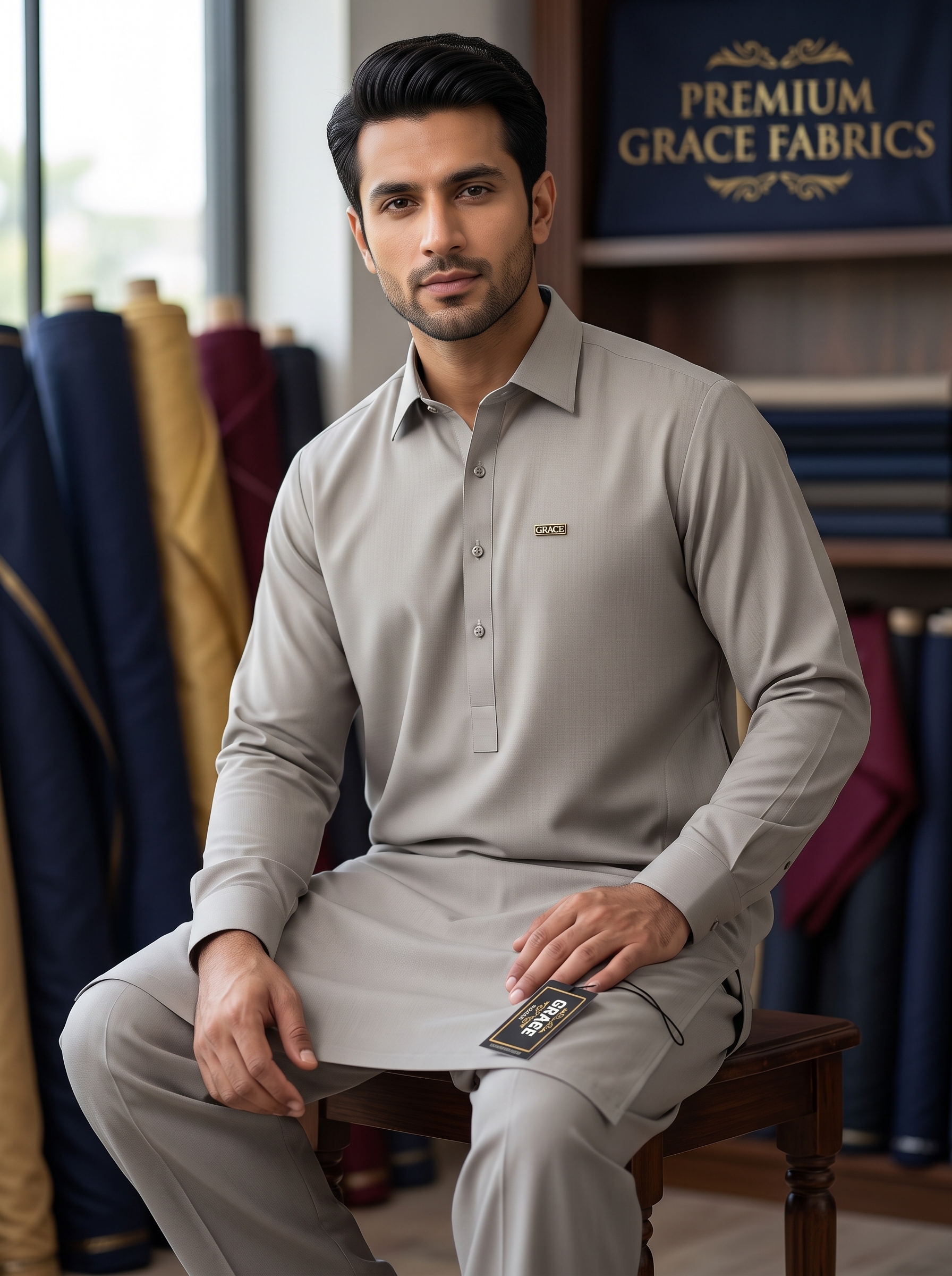 Grace Fabrics – Premium Unstitched Fabric for Men | Stone Grey - Image 2