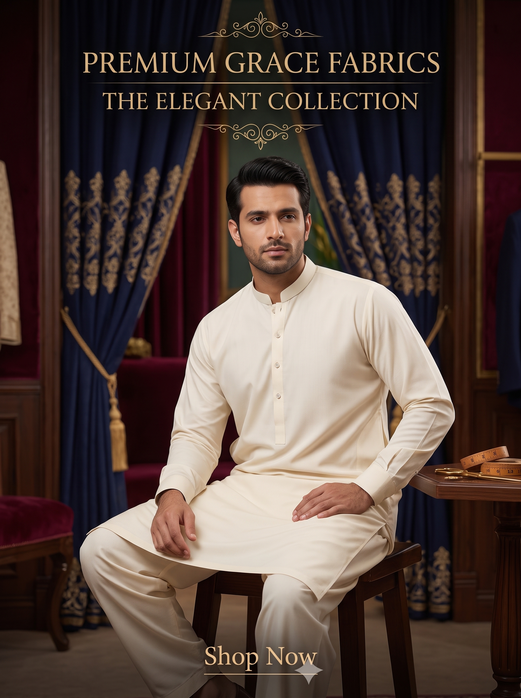 Premium Unstitched Fabric for Men - Grace Fabrics Cream