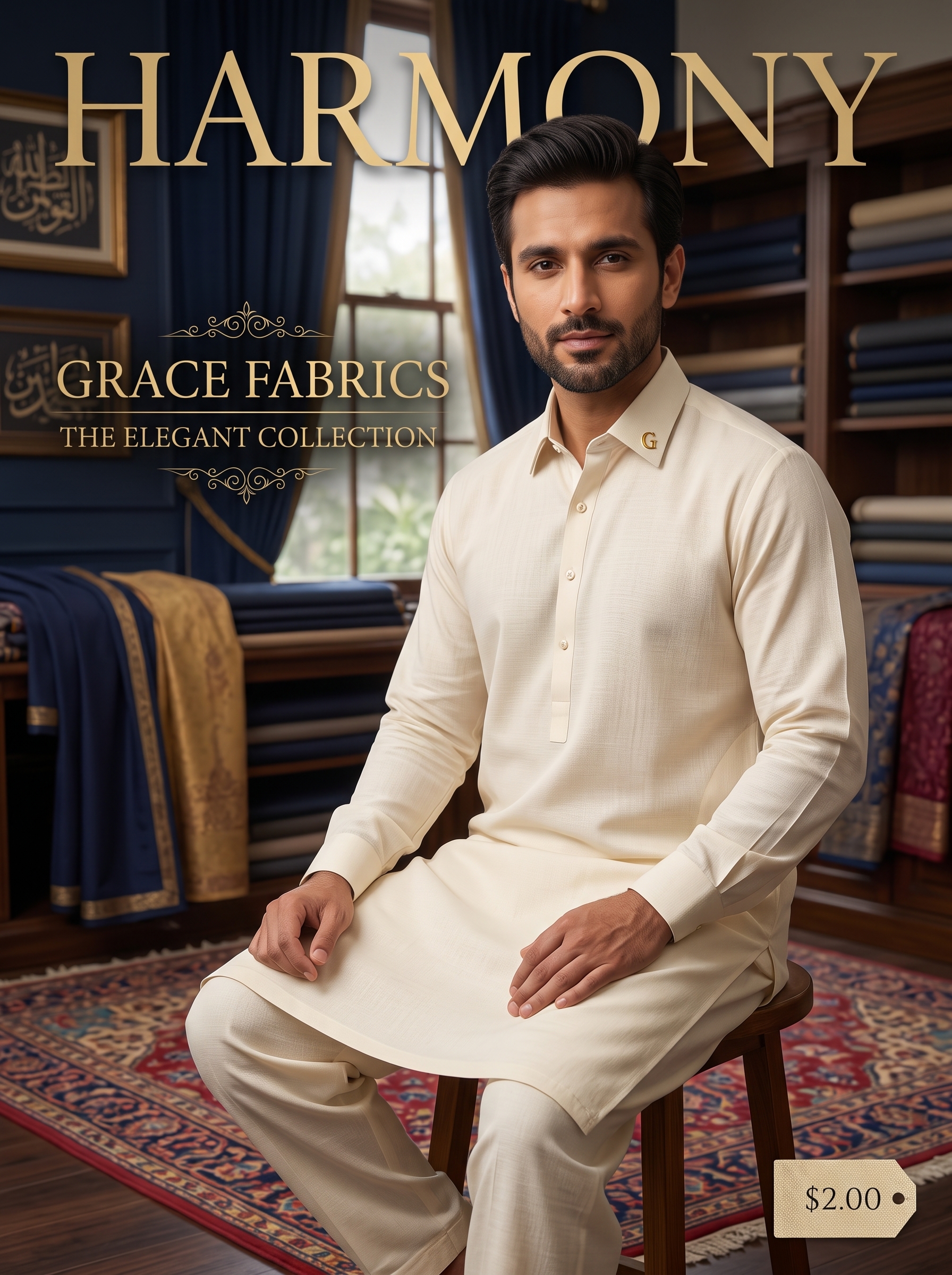 Premium Unstitched Fabric for Men - Grace Fabrics Cream