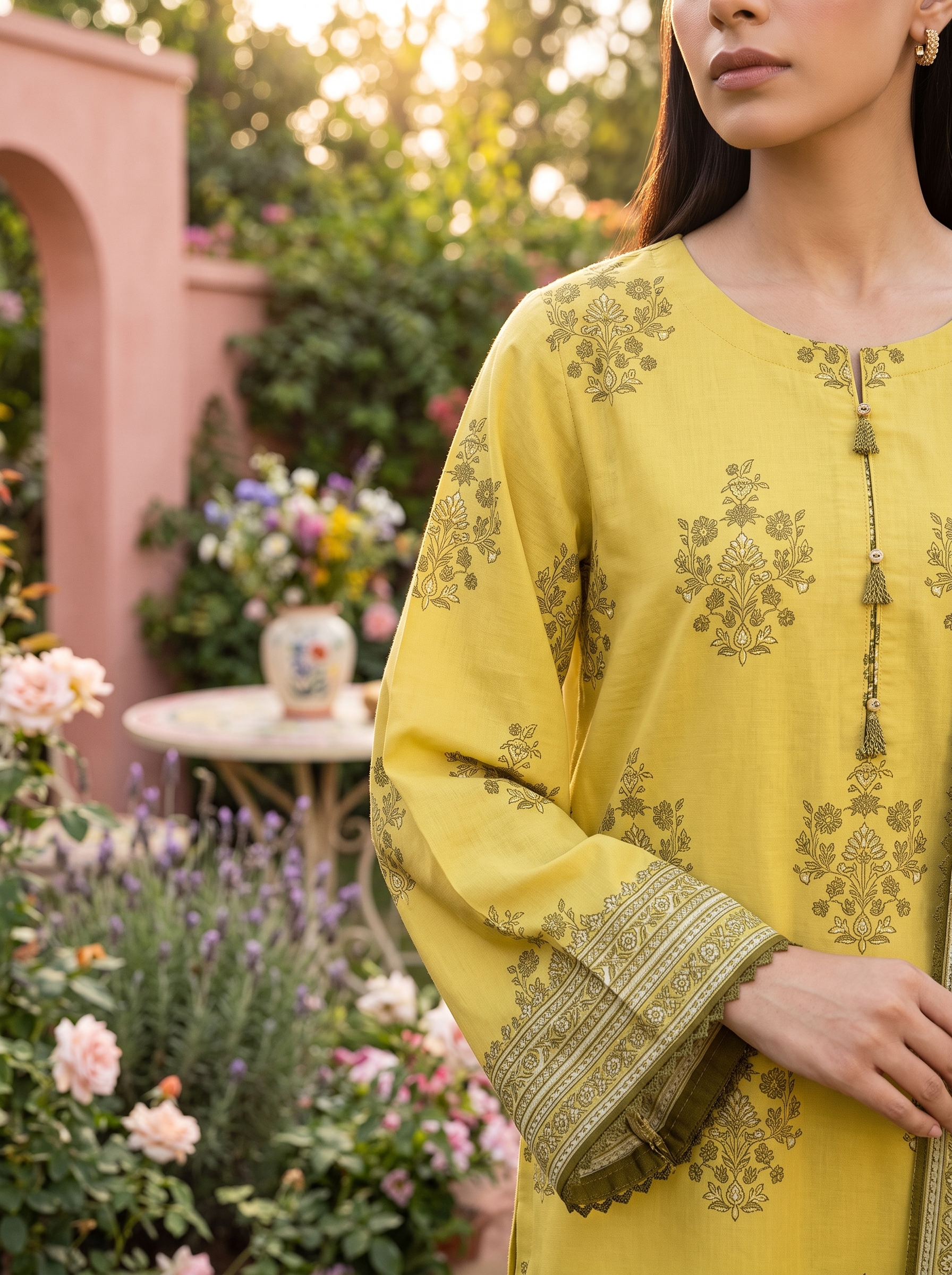 Sapphire Mustard Yellow Lawn Suit Fabric Detail