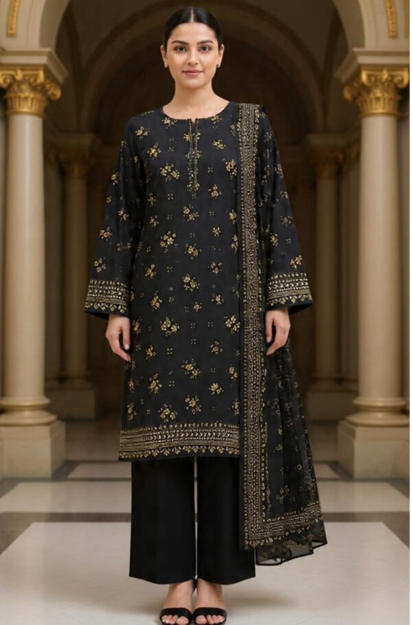 BIN SAEED PRINTED LAWN 3 PC | Black & Gold Base: Jet Black lawn Unstitch Clothes