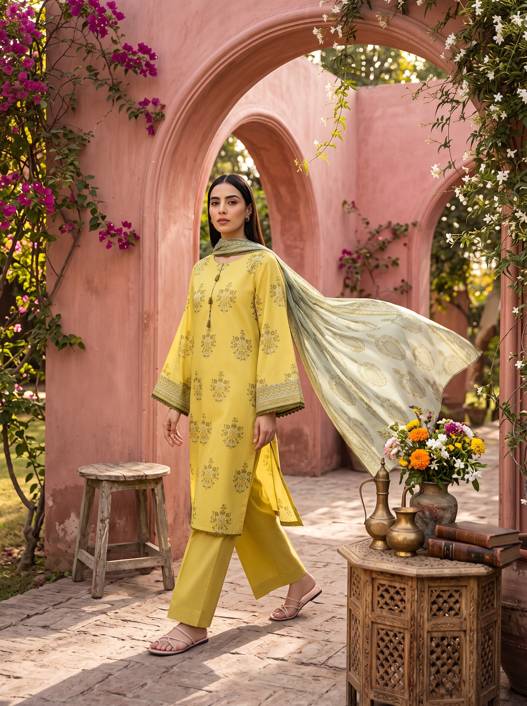 Sapphire Mustard Yellow Lawn Suit Fabric Detail