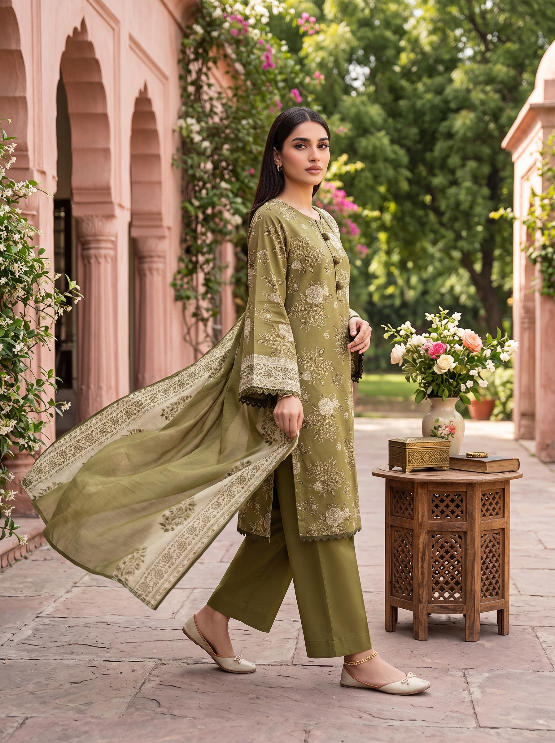 Sapphire Olive Green Lawn Suit Fabric Detail