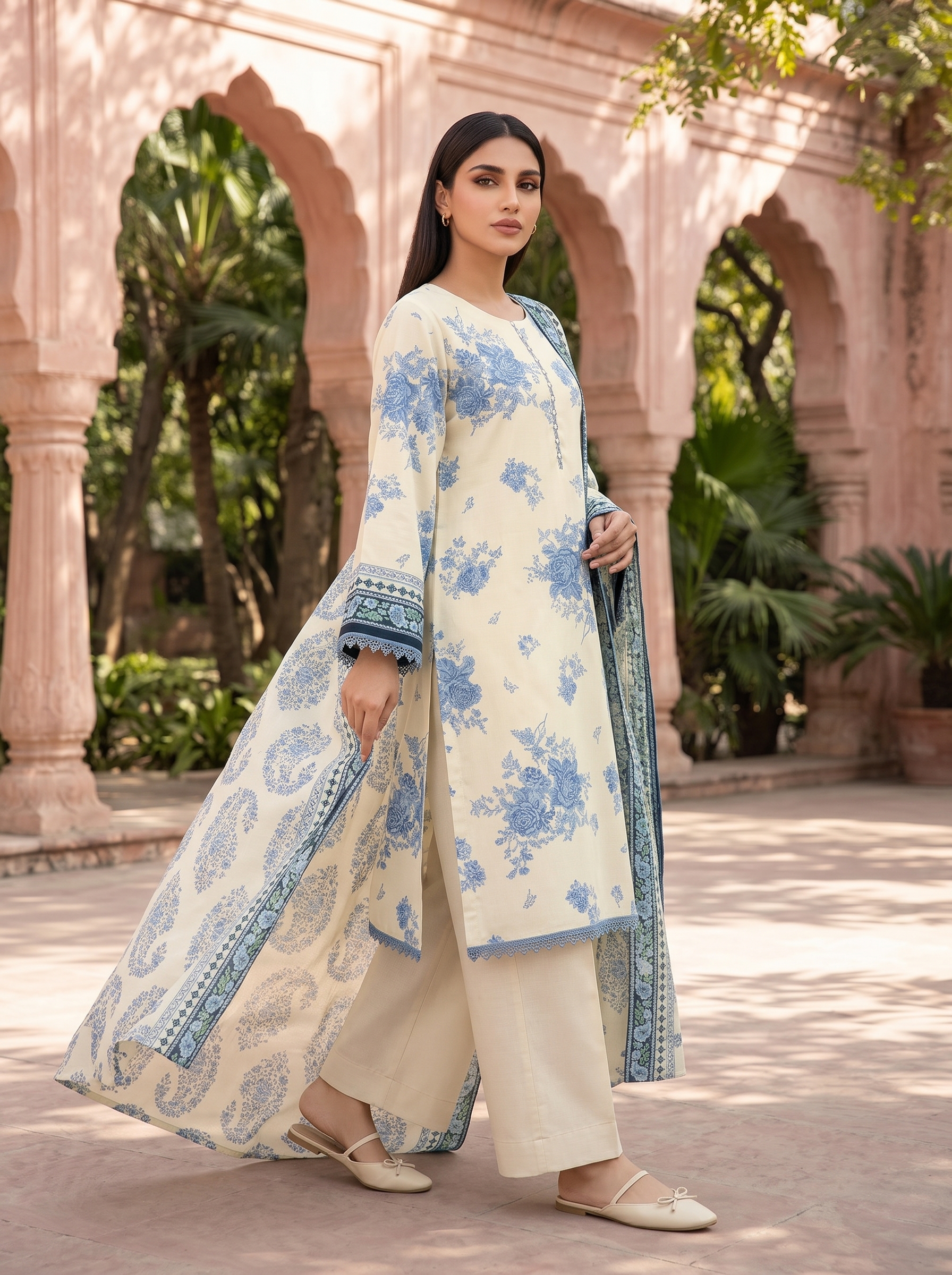 Sapphire 3 Piece Printed Lawn Suit Ivory Blue Floral