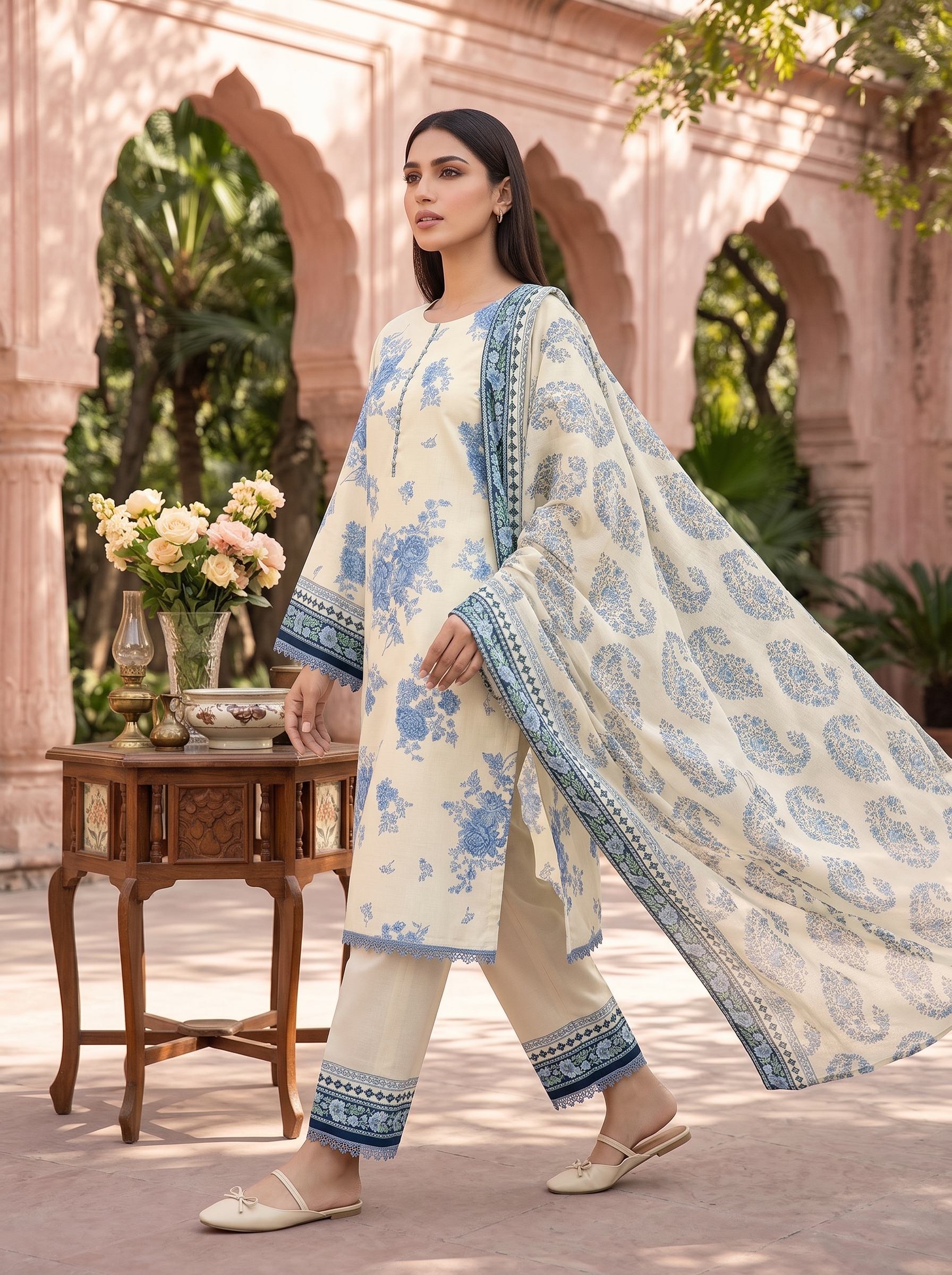 Sapphire 3 Piece Printed Lawn Suit | Ivory Blue Floral Unstitched Collection - Image 3