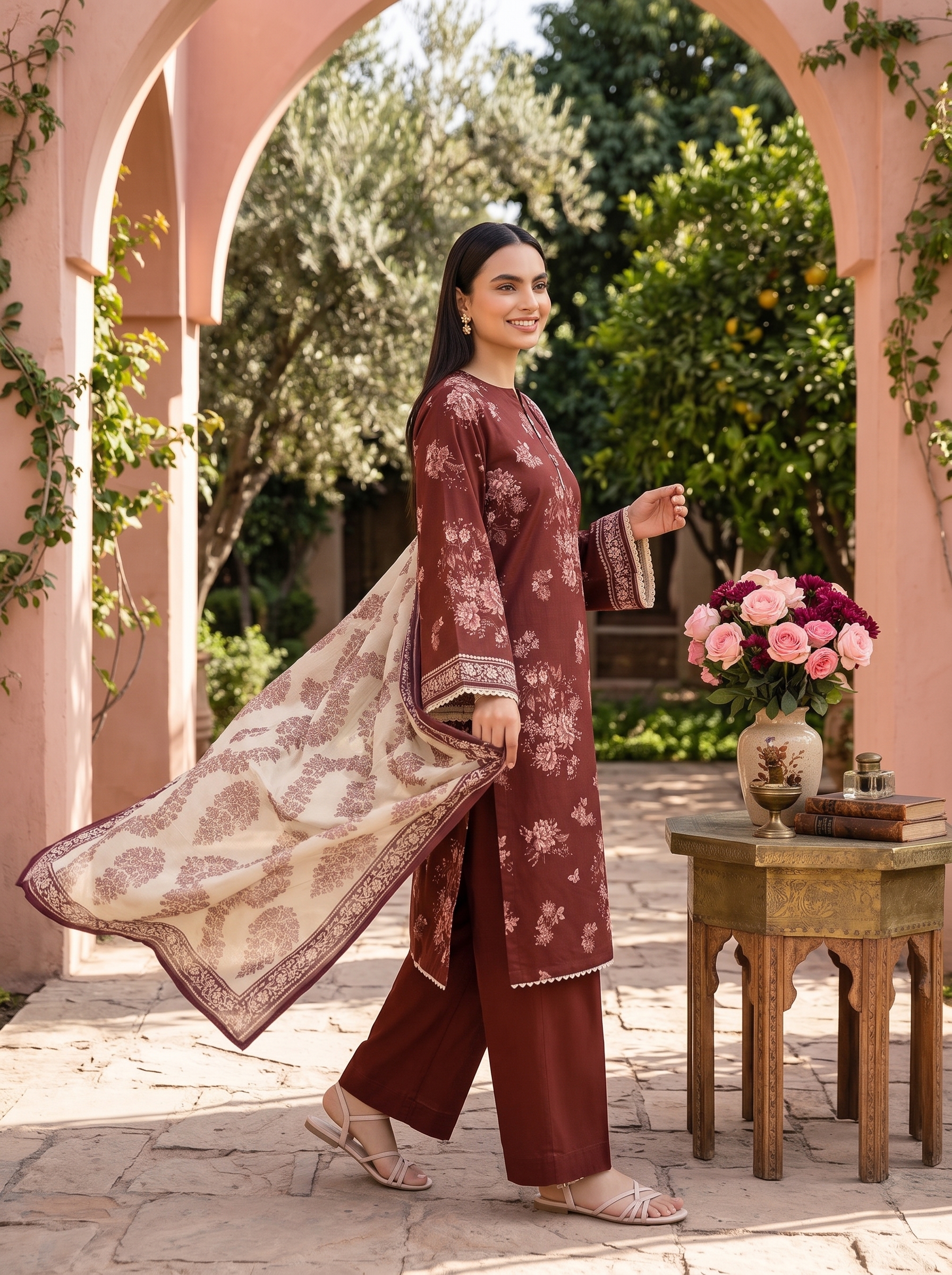 Sapphire 3 Piece Printed Lawn Suit Maroon Floral