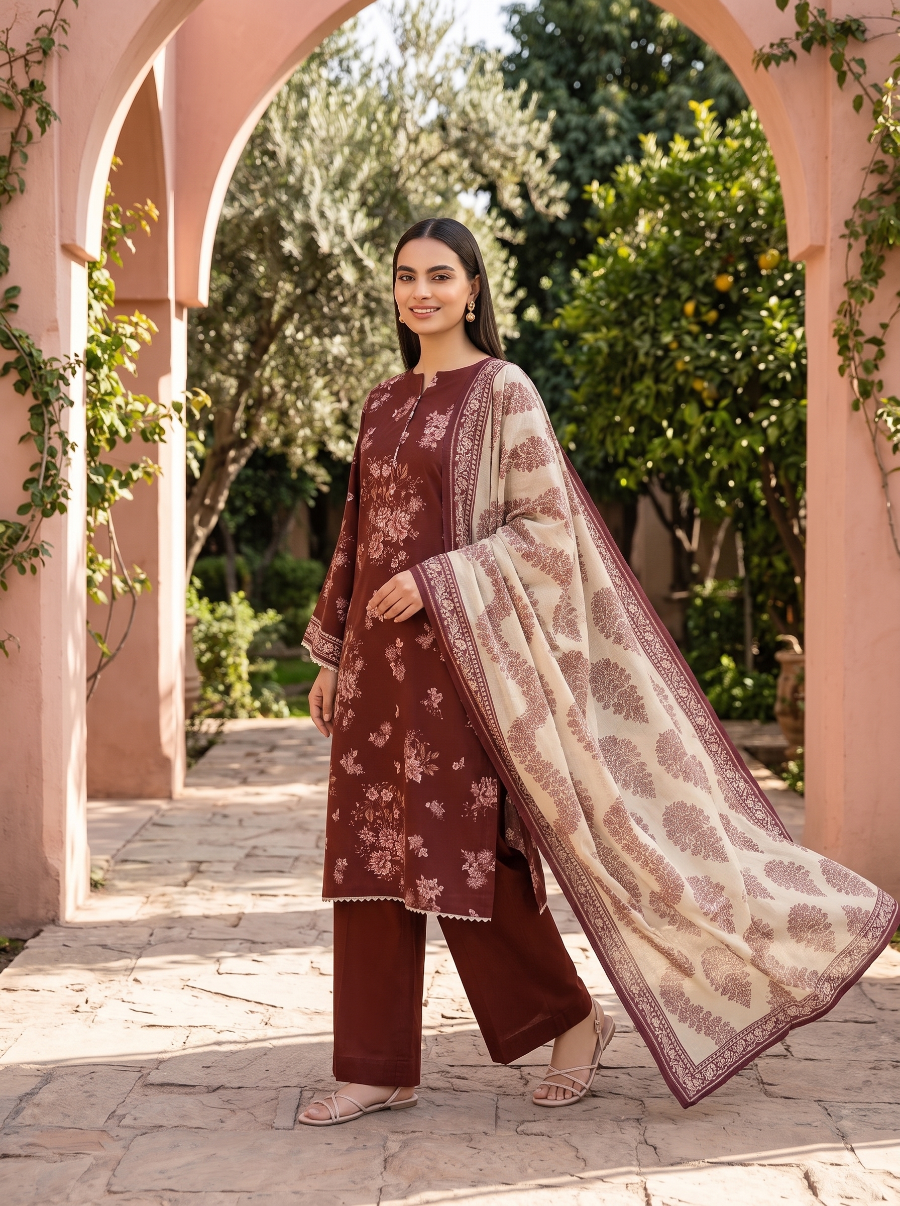 Sapphire 3 Piece Printed Lawn Suit Maroon Floral
