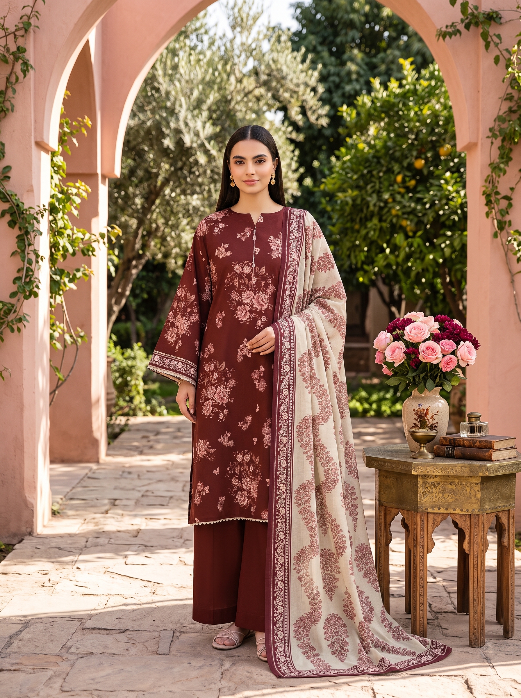 Sapphire 3 Piece Printed Lawn Suit Maroon Floral