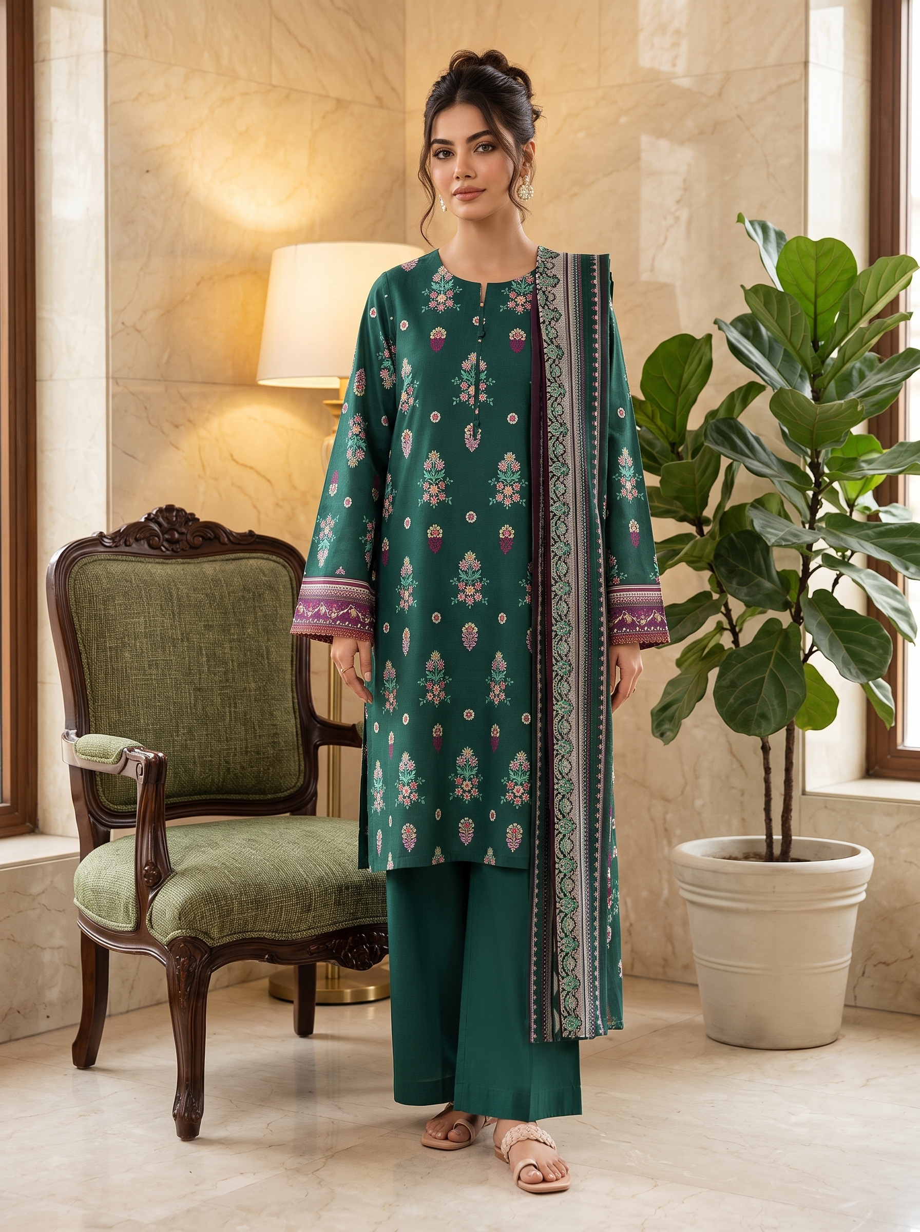 Sapphire 3 Piece Printed Lawn Suit Emerald Green Floral