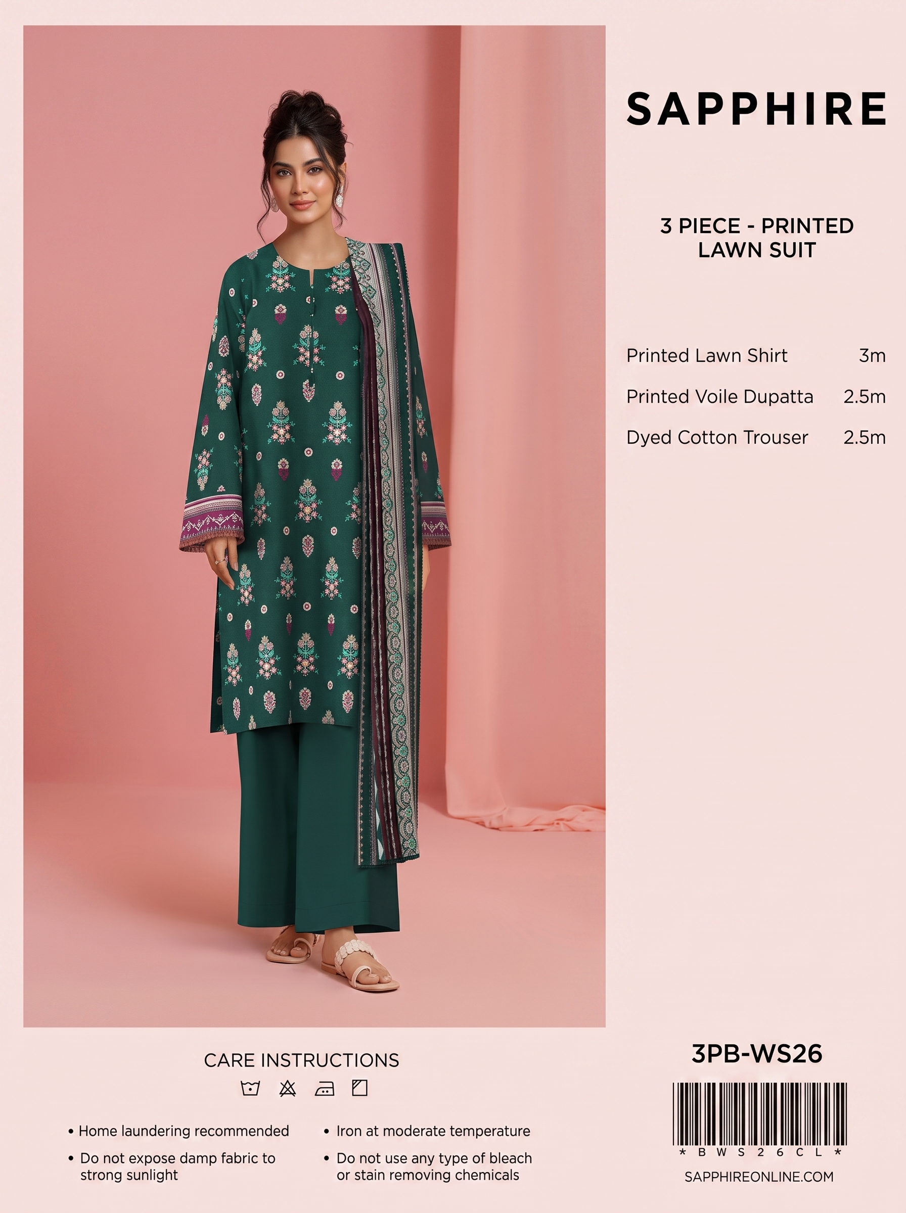Sapphire 3 Piece Printed Lawn Suit Emerald Green Floral