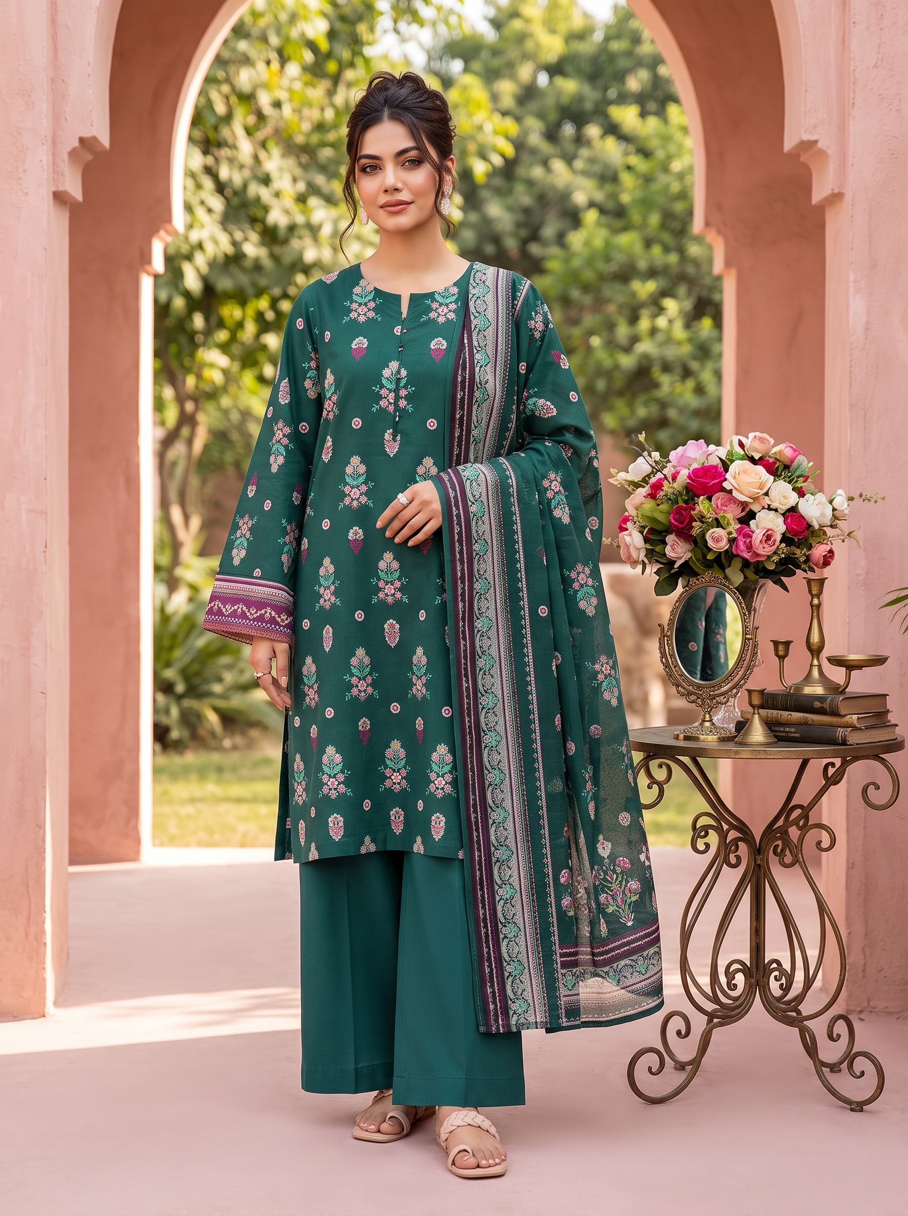 Sapphire 3 Piece Printed Lawn Suit Emerald Green Floral