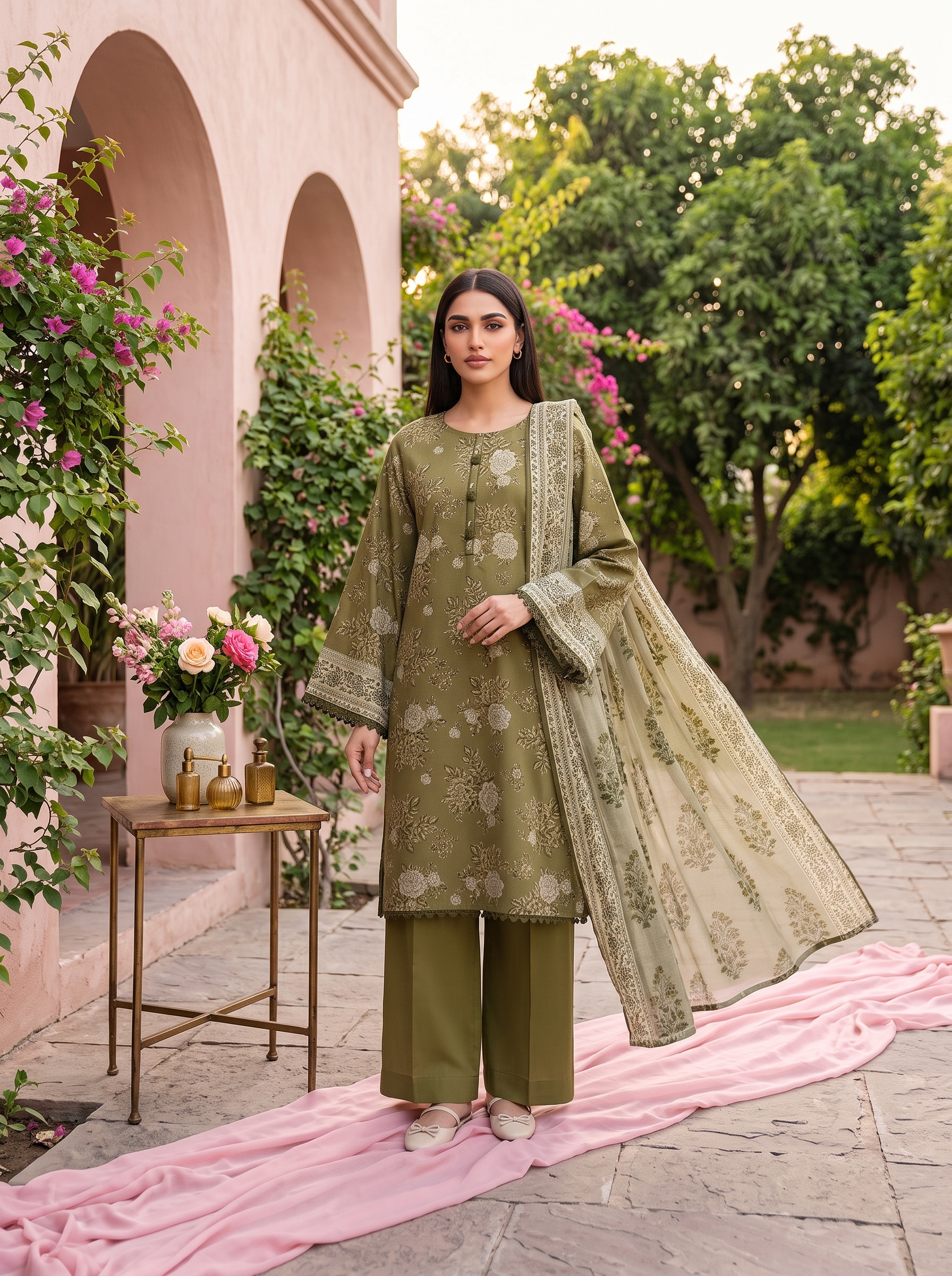 Sapphire 3 Piece Printed Lawn Suit Olive Green Floral