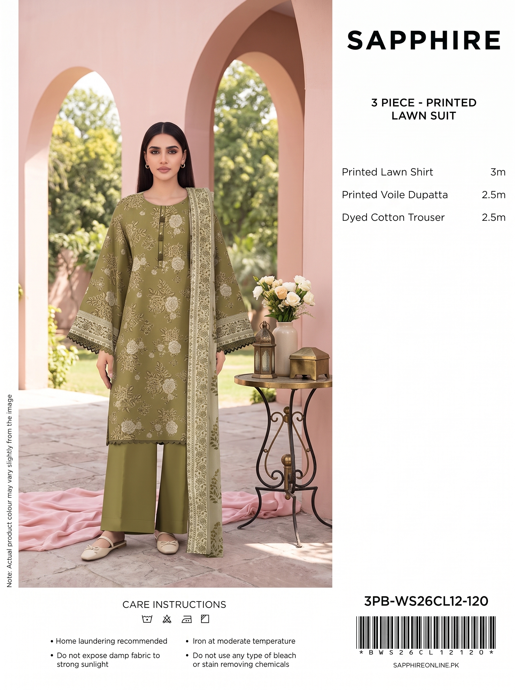 Sapphire 3 Piece Printed Lawn Suit | Olive Green Floral Unstitched Collection - Image 3