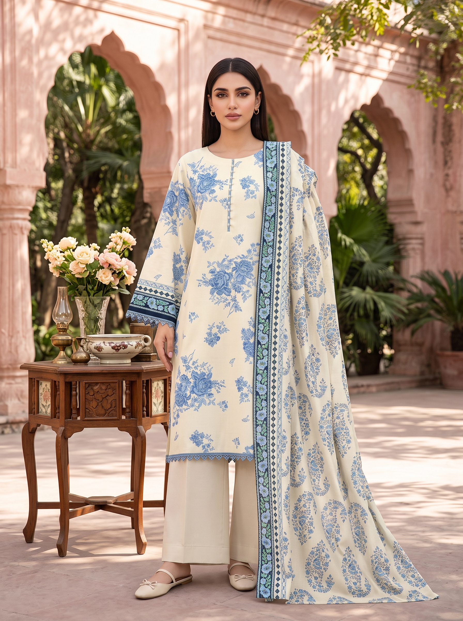 Sapphire 3 Piece Printed Lawn Suit Ivory Blue Floral