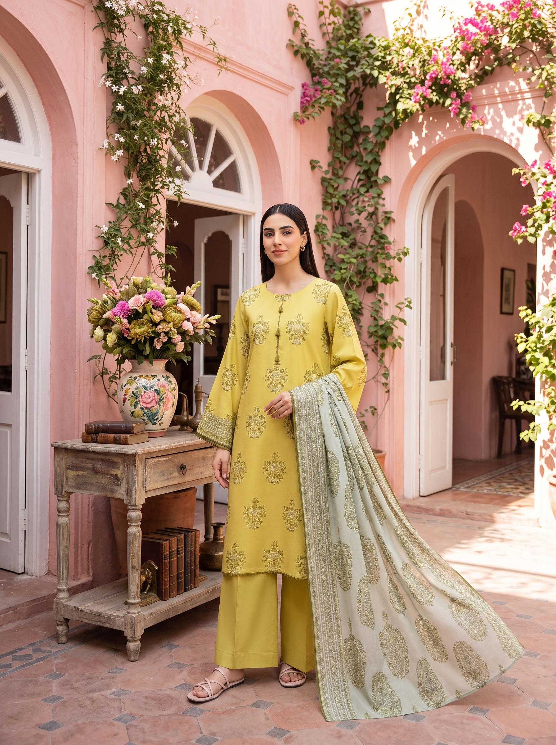 Sapphire 3 Piece Printed Lawn Suit Mustard Yellow Floral
