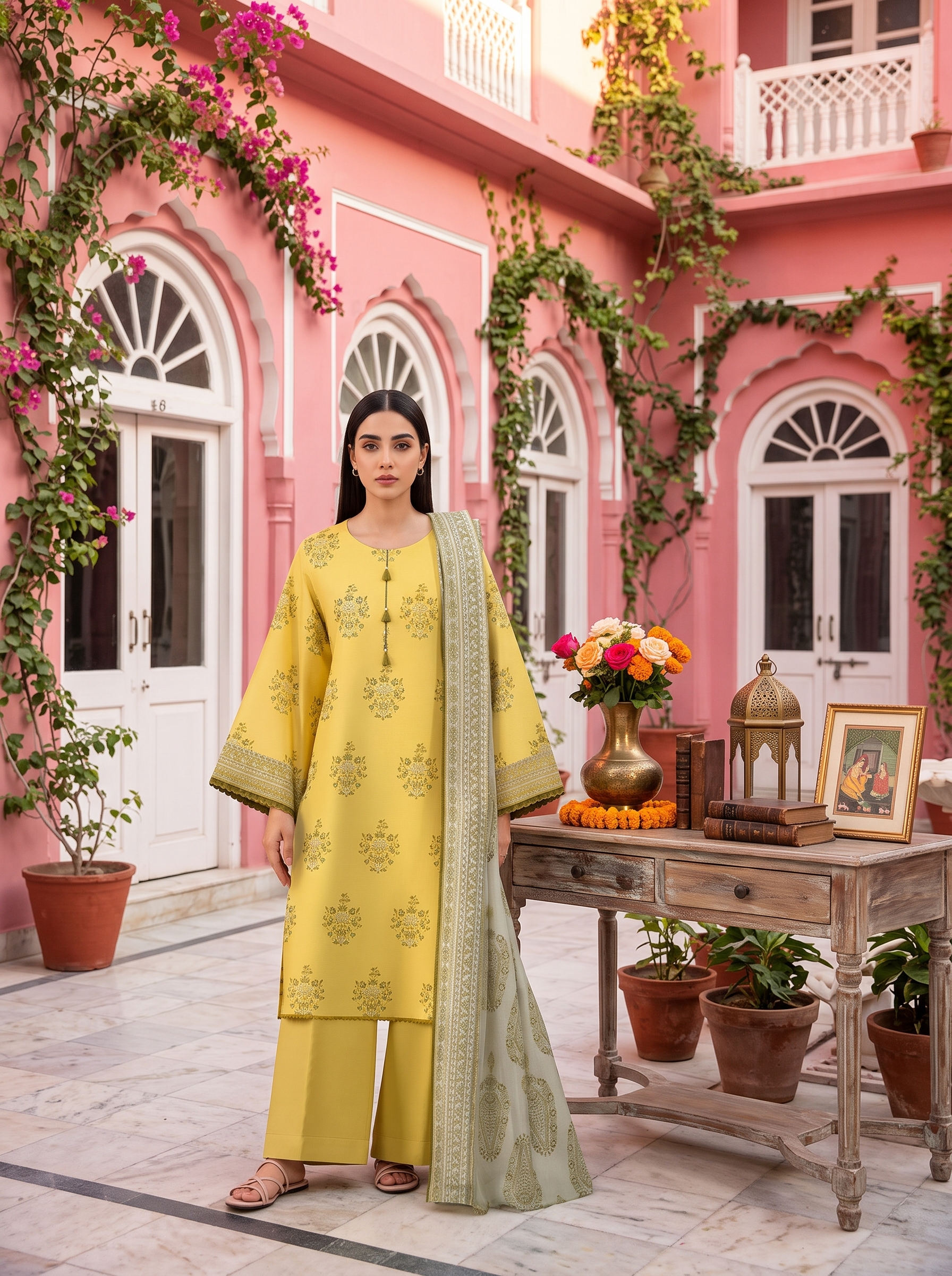 Sapphire Mustard Yellow Lawn Suit Fabric Detail